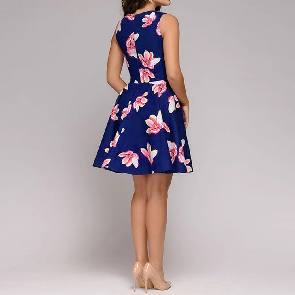 Женское Цветочное платье без рукавов белое элегантное с круглым вырезом и