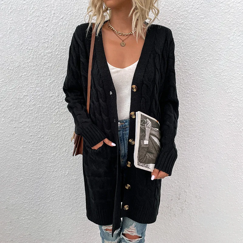 

2021 Autumn And Winter European American Foreign Trade Long Sweater Women New Twist Button Cardigan