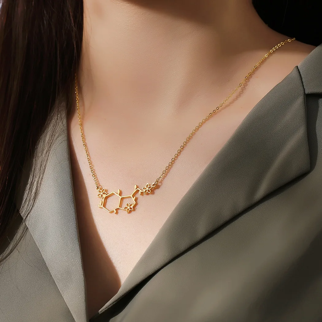 

Serotonin Molecule Chemistry Polygon Pendant Necklace For Women Happy Hormone Molecule Choker Necklace Lovers Romantic Jewelry