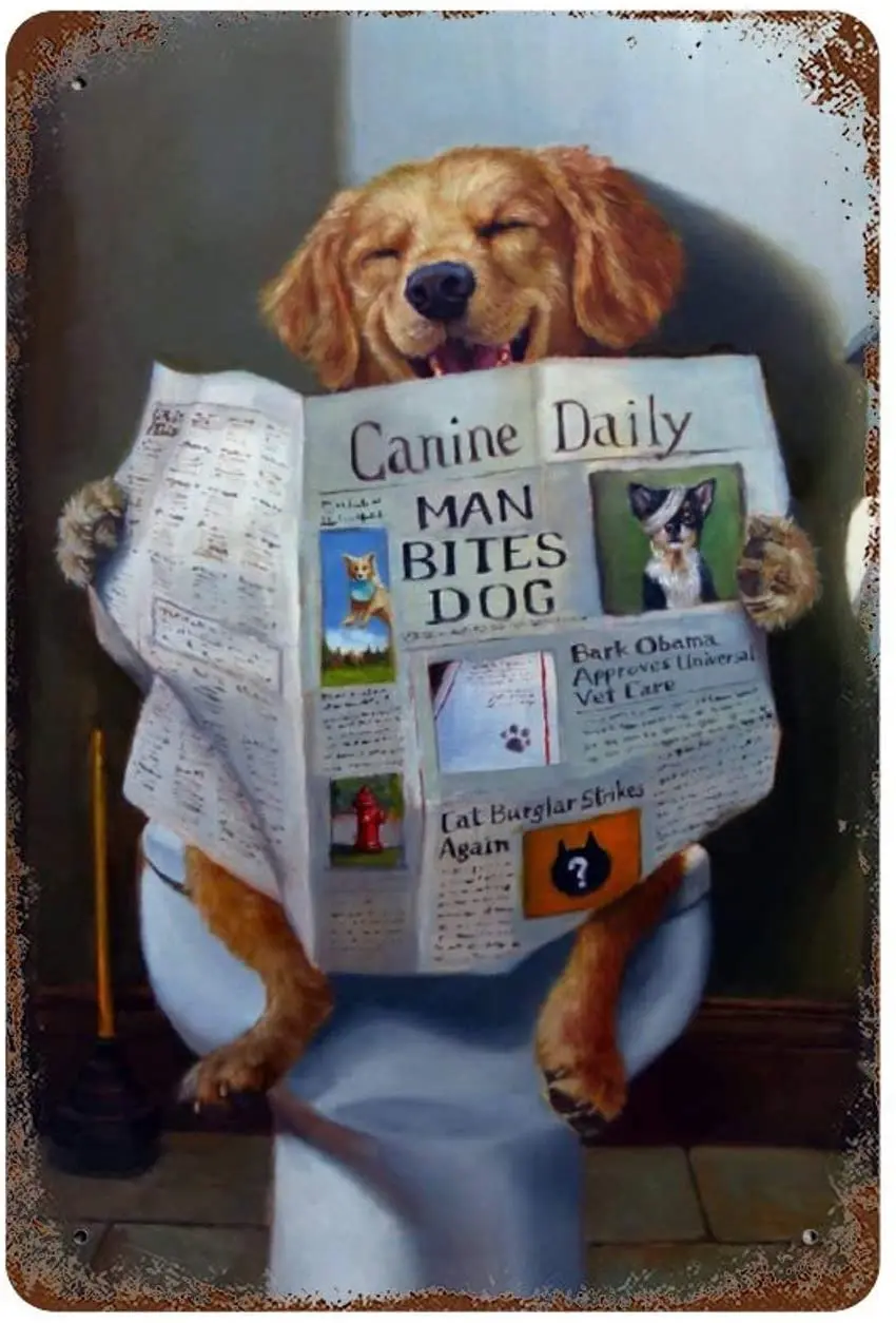 Собака читающая газету на туалете винтажная металлическая вывеска ретро