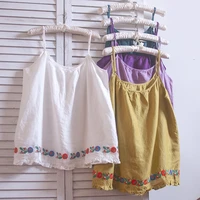 tiyihailey free shipping 2021 new summer linen tops women sleeveless tees white japan style loose embroidery camis strap