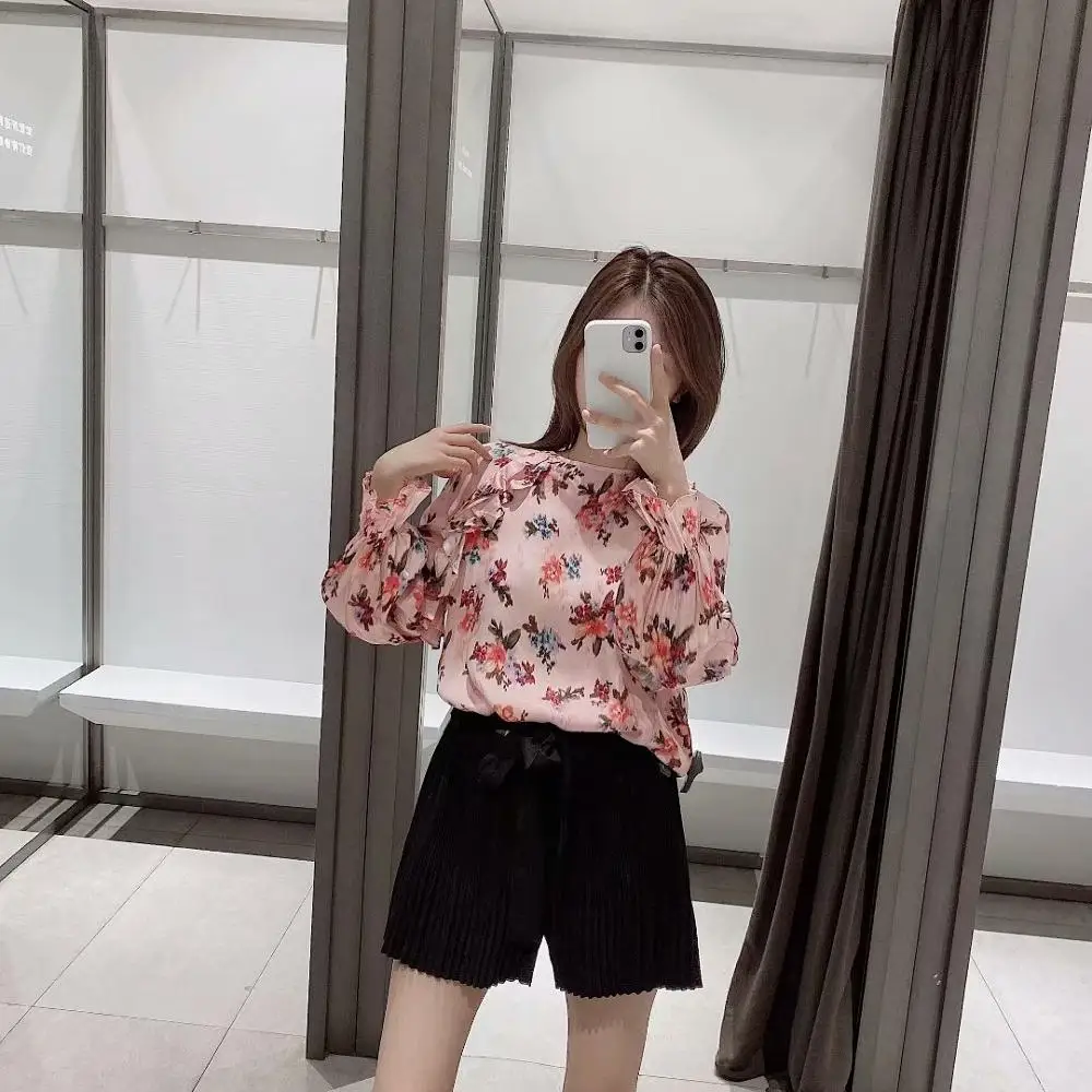 Женская рубашка ZA розовая с цветочным принтом длинным рукавом и о вырезом| |