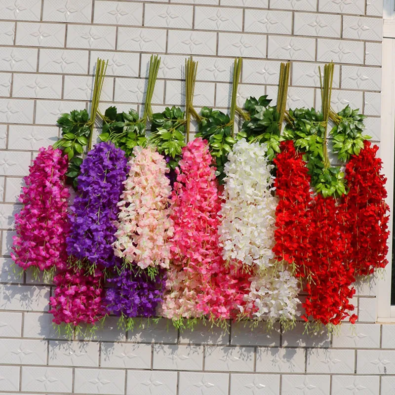 

Home Decore Hanging Plant Artificial Wisteria Bean Flower String Long Wedding Decoration Rattan Green Violet Vine Fake Flowers