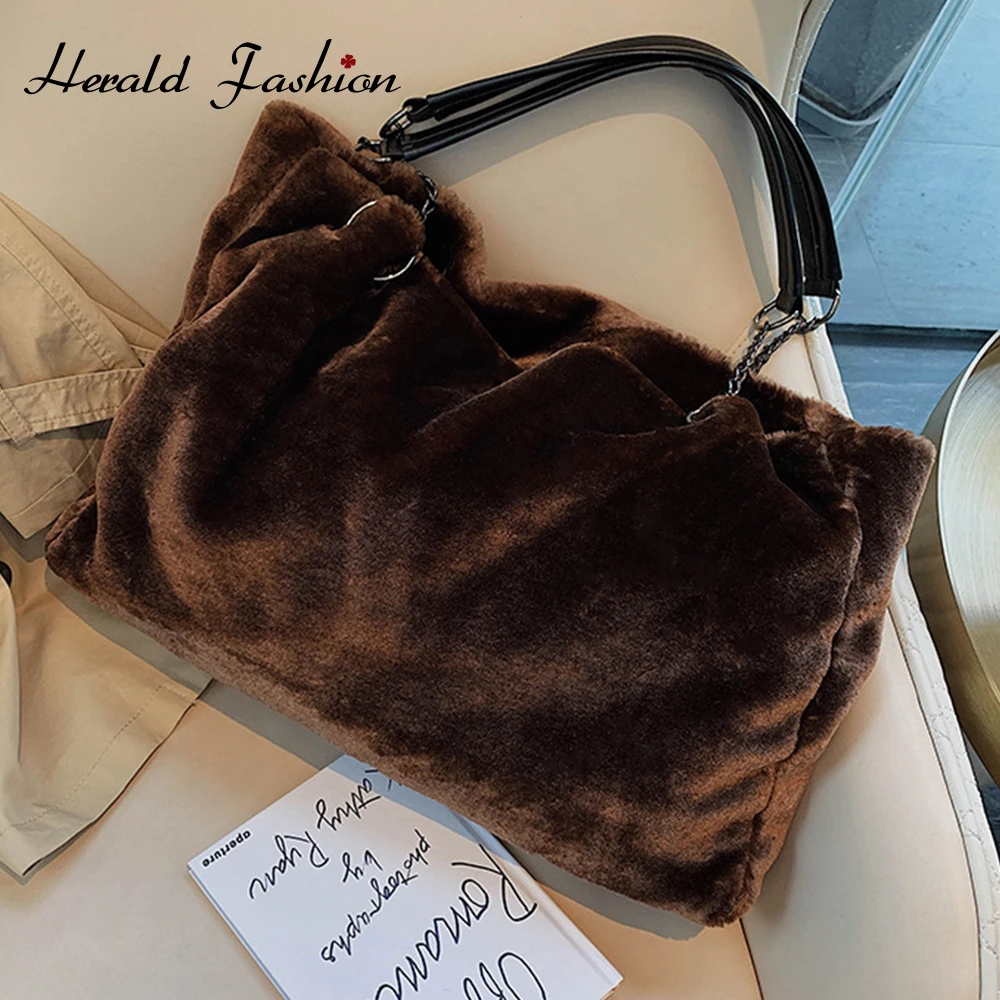 

Женская сумка на плечо из искусственного меха, повседневная плюшевая женская сумка-тоут, зимняя модная вместительная сумка для покупок на ц...