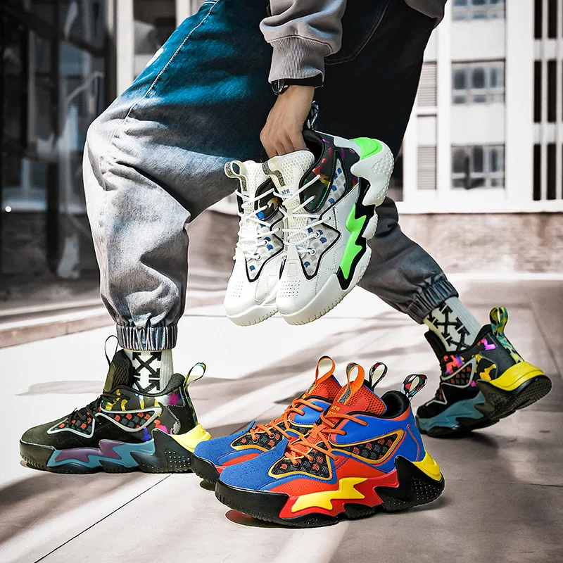 

Fashion Rainbow Breathable Basketball Shoes Men Street Style Chunky Sneakers Men High Top Hip hop Sports Shoes chaussure basket