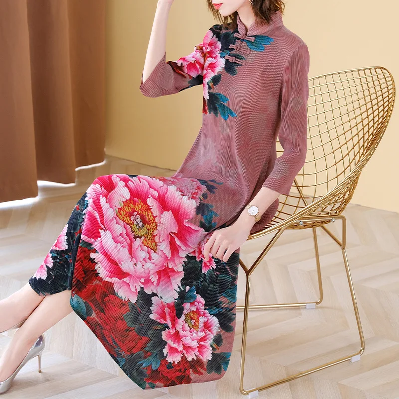 

Improved Cheongsam Mother Dress Fall 2020 New Large Women's Dress Chinese Printed Loose Pleated Dress