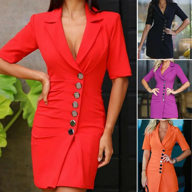 Платье женское офисное с коротким рукавом строгие модные деловые отложным