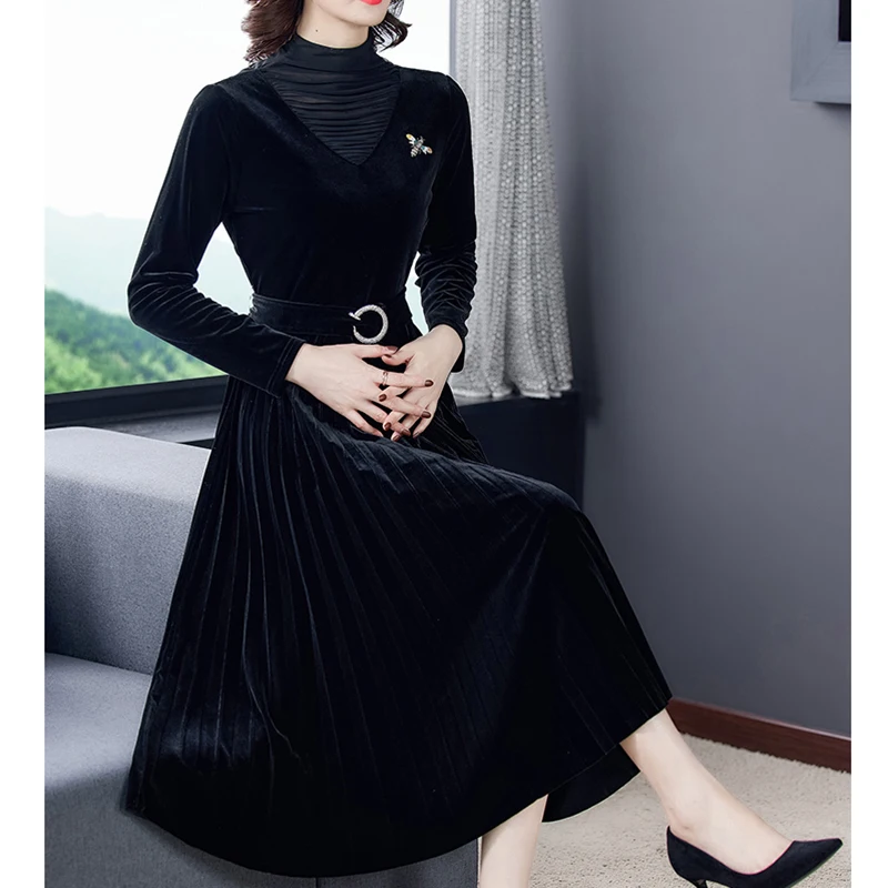 

New Women's wear Elegant Black Velvet Turtelneck One Piece Dresses Spring Autumn Casual Vintage 3XL Plus Size Midi Dress Party