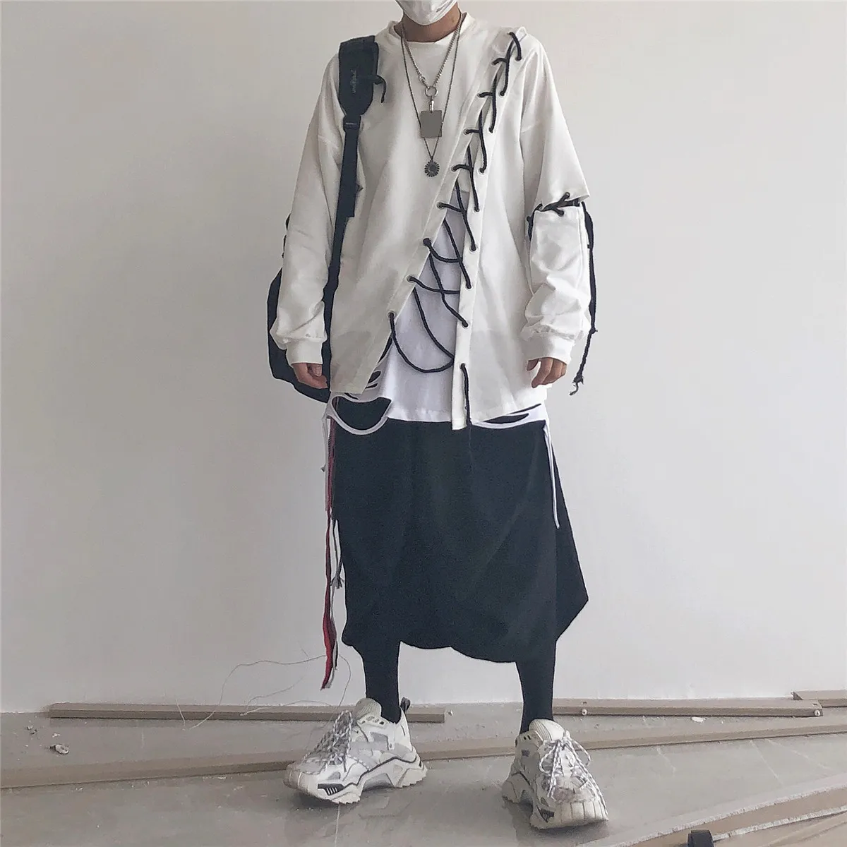 Yoji Темный ветер ins супер огонь Высокая уличная хип хоп личность diy привязанная полоса пропускания Свободный Длинный Рукав Толстовка для мужчин и женщин WGWY88