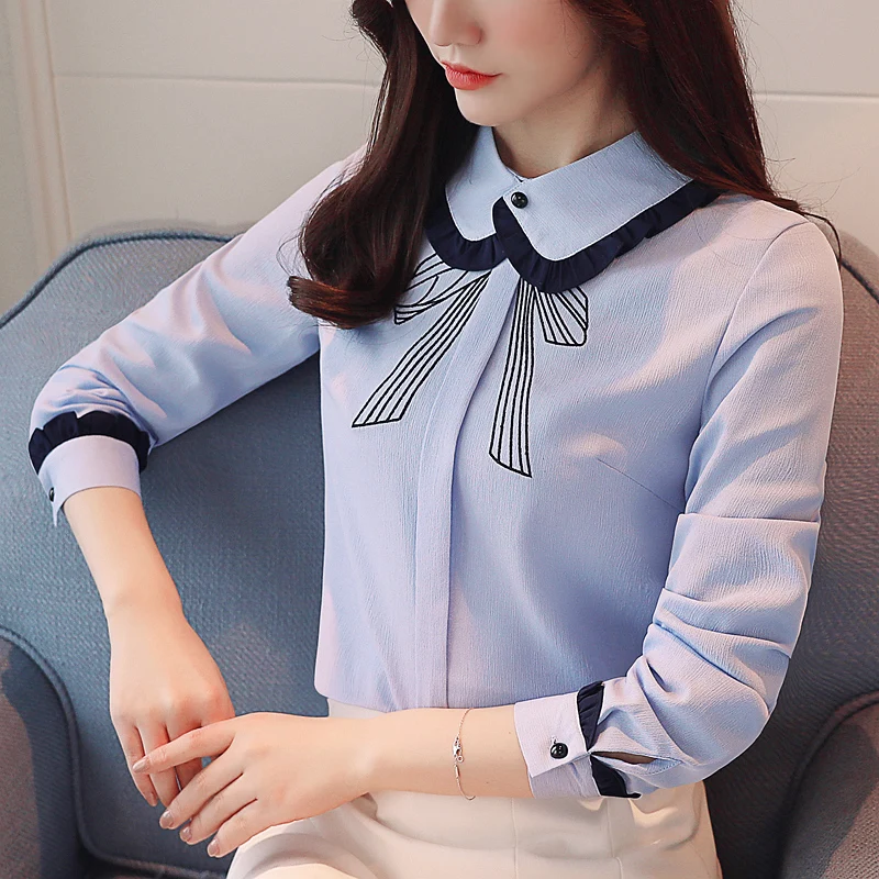 Корейские модные шифоновые женские блузки с длинным рукавом синие рубашки плюс