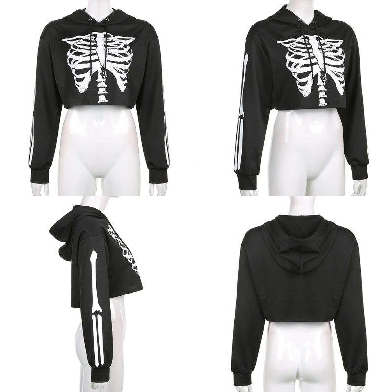 

Women Goth Punk Cropped Drawstring Hoodies Harajuku Breastbone Skeleton Printed Black Sweatshirt Long Sleeve Loose Tops