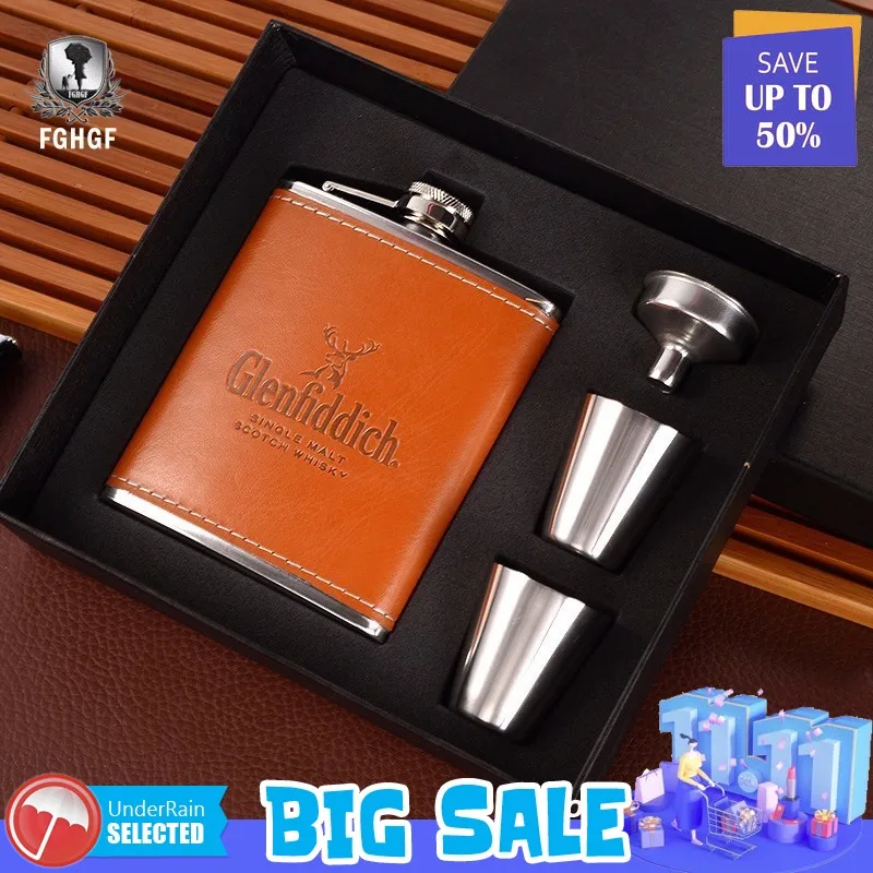 

4PCS/set 7 Oz Stainless Steel Leather Wine Hip Flask Whiskey Bottle Alcohol Cup Kettle Cups Funnel Mug For Travel Outdoor Gift