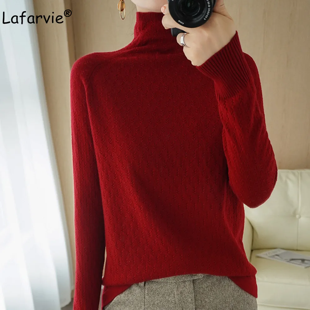 

Белая Женская водолазка Lafarvie, шерстяной свитер на осень и зиму, свободные вязаные топы большого размера с длинным рукавом, однотонная станд...
