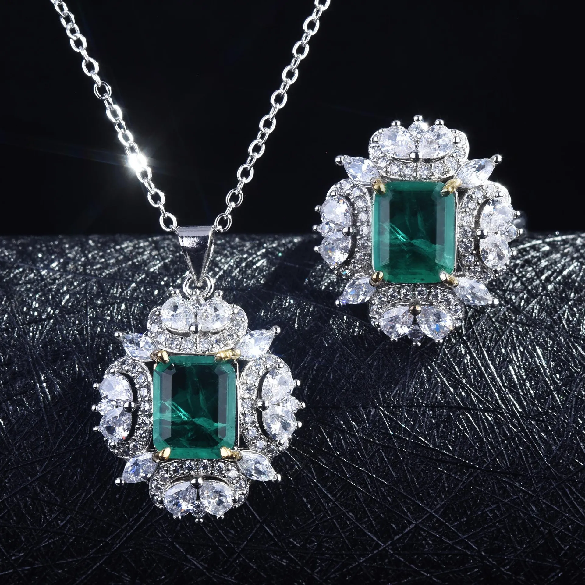 Luxury Vintage 925 Sterling Silver Jewelry Set Square Nature Emerald Gemstone Wedding Bridal Party Ring/Earring/Necklace | Украшения и