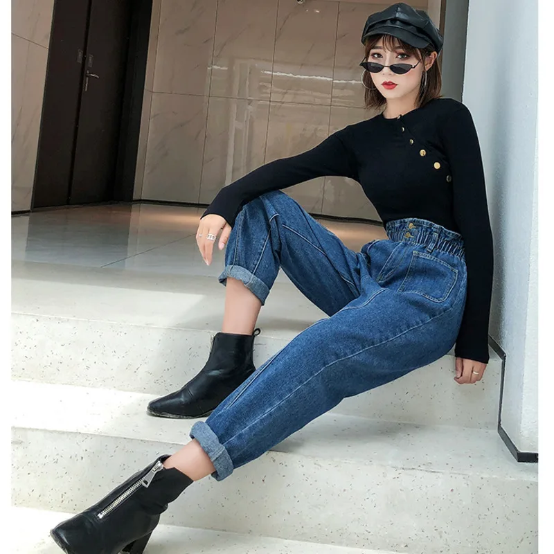 Женские винтажные джинсы с высокой талией шаровары эластичным поясом свободные