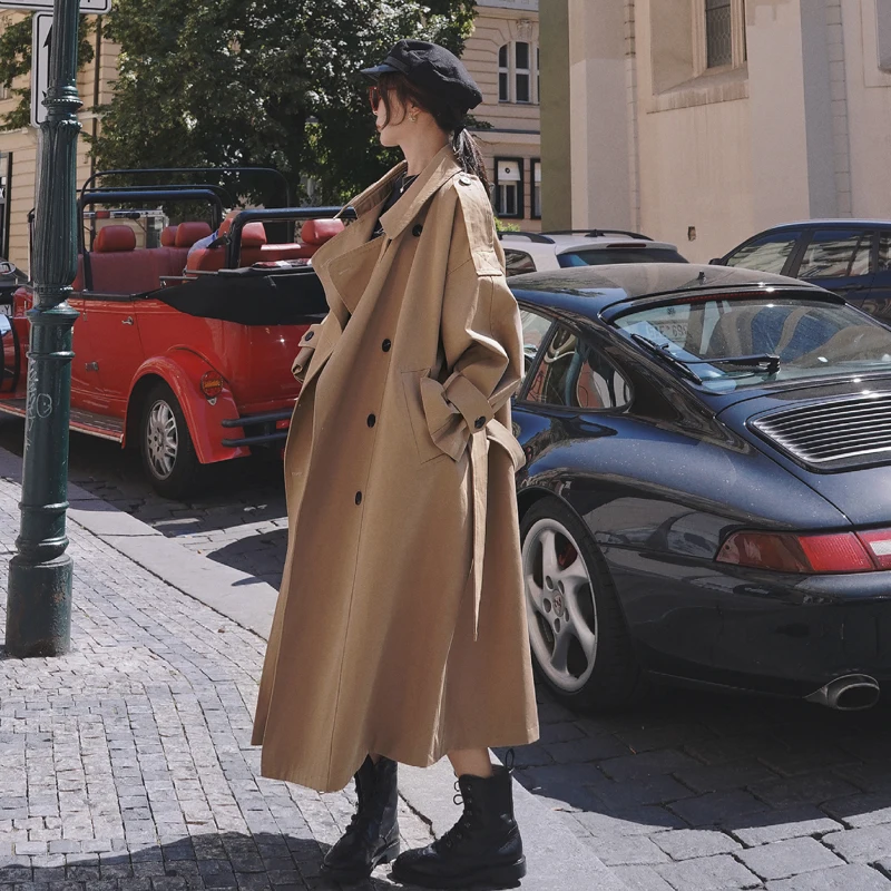 

Fashion Korean Style Oversized Women's Trench Coat Double-Breasted Long with Belt Office Lady Windbreaker Spring Autumn Cloak