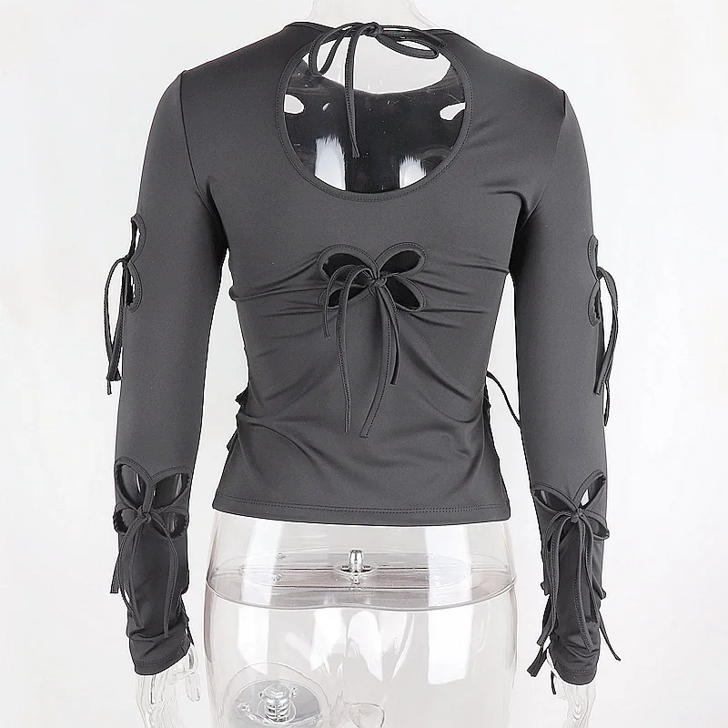 

Yuqung Black O Neck Hollow Out Lace Up Cropped T Shirt Top Women Spring Casual Long Sleeve TShirt Ladies Skinny Basic Tee Femme