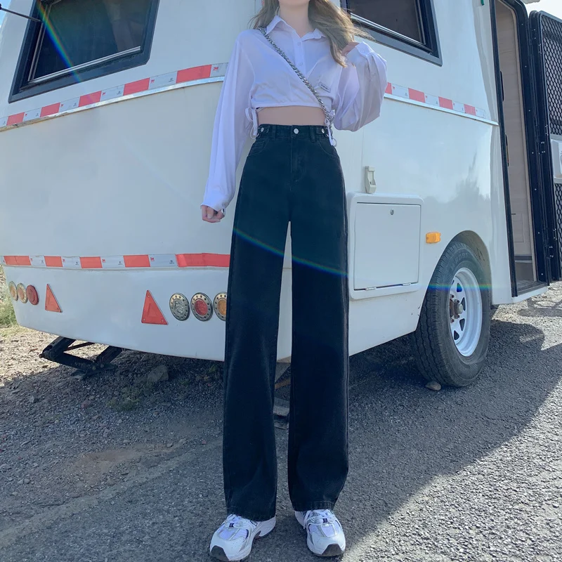 

High Waist Straight Jeans for Women Fall Women's Clothing 2021 New Loose Show Thin Black Drape Wide Leg Mop Pants