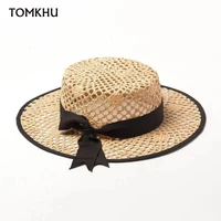 new handmade hollow rafia straw hat black ribbon bow decoration flat top classical top hat casual fedora luxury hats for women