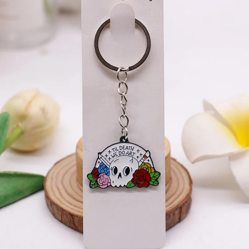 

Metal Key Chain Custom Rose with Skull Gothic Art Keychain Heart Keyring Disney Antique Bronze Plated Fitness Tracker Rubber