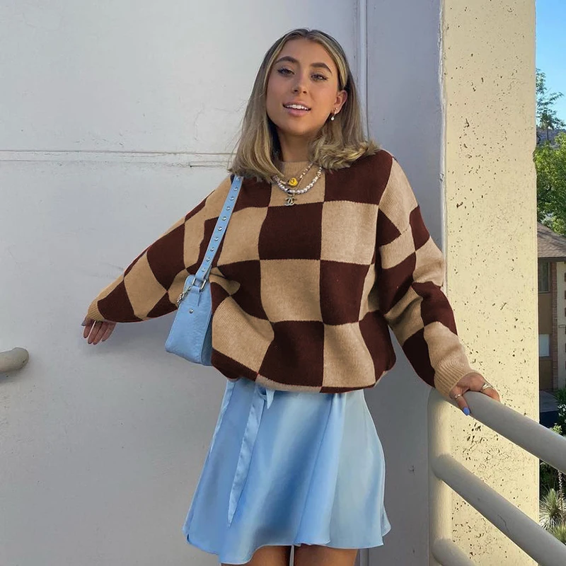 

Fashion Women Color Block Sweater Plaid Pattern Long Sleeve Knitwear Blue Brown Sweaters Pullovers Jumpers