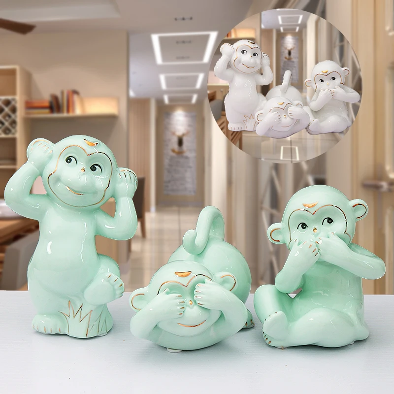 

FUN THREE LITTLE MONKEY CERAMIC DECORATIVE ORNAMENTS CUTE MONKEY ANIMAL HOME DECORATION