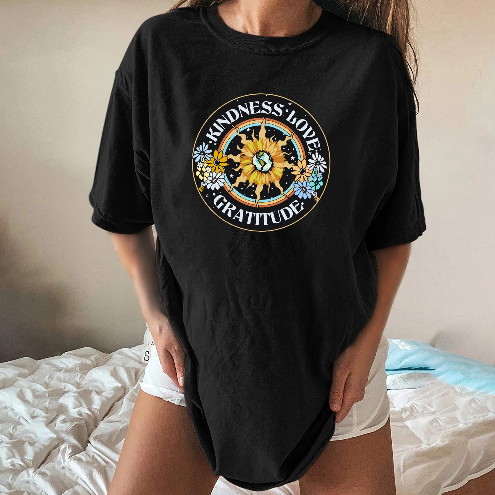 

Harajuku 2021 New Women T-shirt Kindness Love Gratitude Print Funny Loose Femme T-shirt Drop Shoulder Tee Top for Summer Clothes