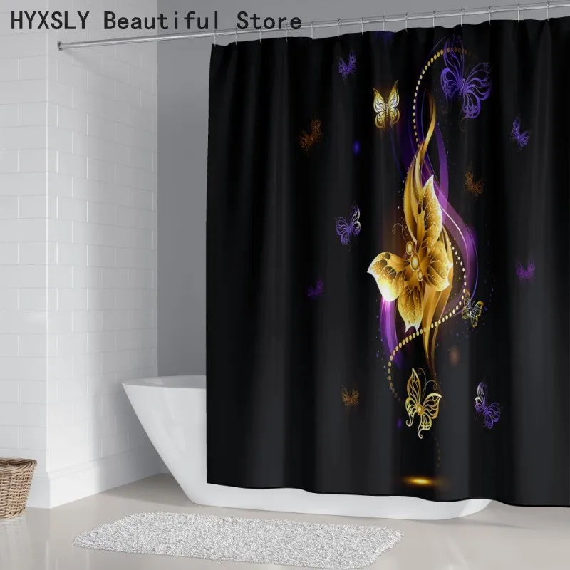 

Butterfly Luxury Black Printing Shower Curtain 3D Bathroom Screen Cover Decor Set and 12pcs Hooks 180*180cm Mouldproof Protector
