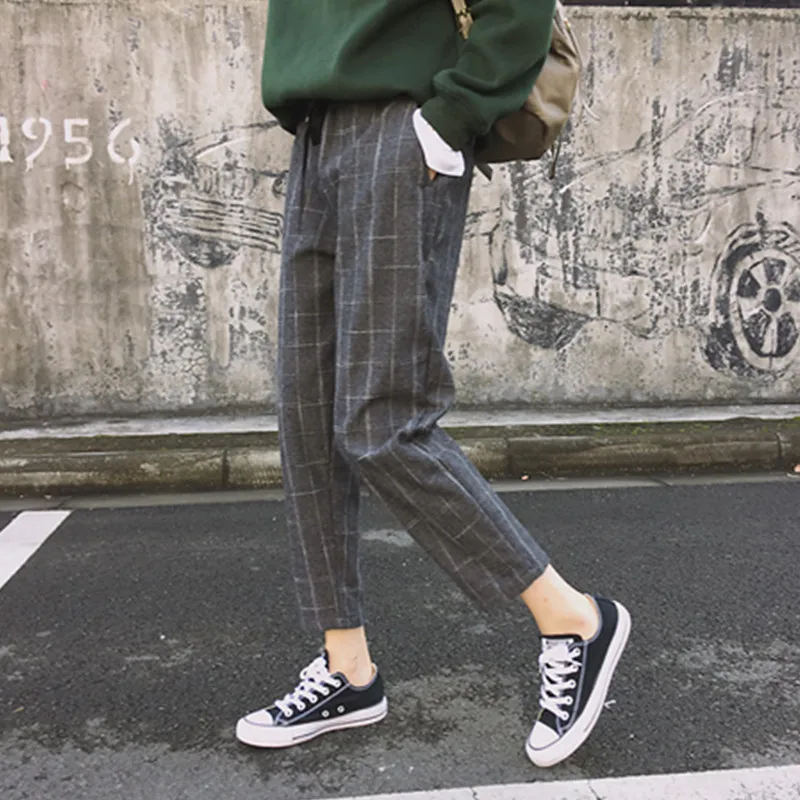 

Pants Women New Fashion Pockets Plaid Womens Loose Casual Female High Waist Pant Females Korean Style Retro Chic Students Girls