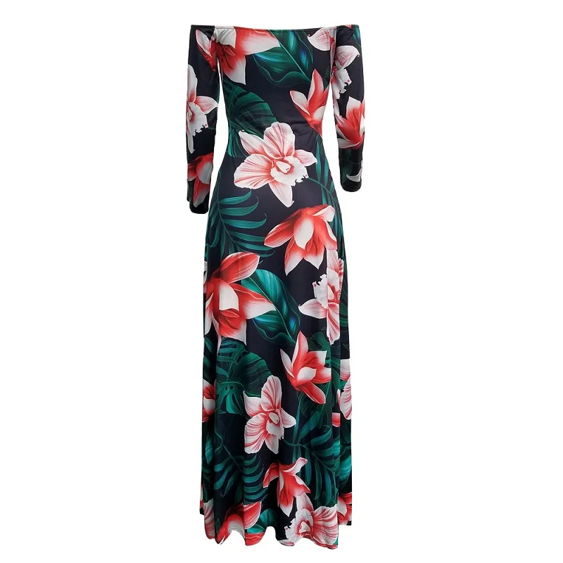 Женское длинное платье макси с открытыми плечами летнее облегающее цветочным