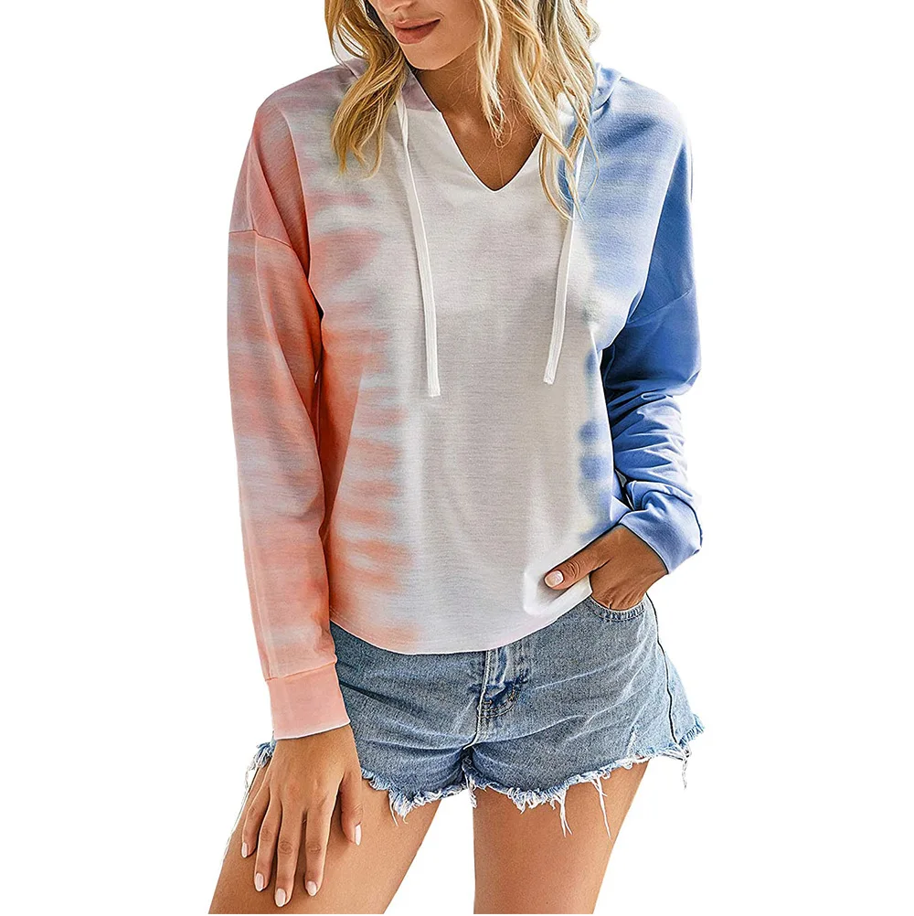 

Fashion Tie Dye Hooded Sweatshirt Women Casual V Neck Pullover Tops Autumn Winter Long Sleeve Loose Drawstring Gradients Hoodies