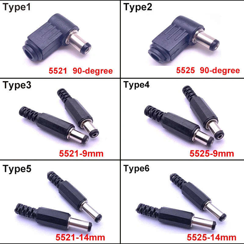 

COMPSON 5pcs/10pcs DC5.5*2.1/2.5 Male Plug 90-degree, Welding Line Type DC5.5*2.1mm, Assembly Type Plastic Male 5.5*2.5mm