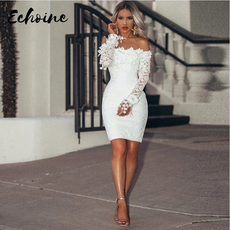 

Echoine Women Autumn White Slash Neck Long Sleeve Bodycon Lace Dress Women Off The Shoulder Vestidos Sexy Clubwear Party Dresses