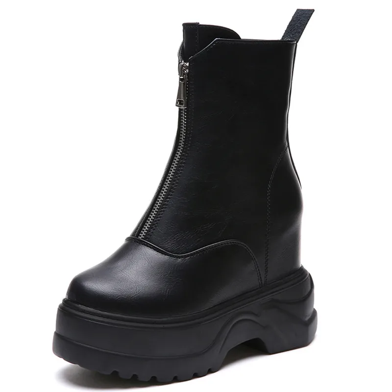 Winter Women Leather Boots Round Toe Platform Height Increasing Chunky Antiskid Bottom High Thick Heels Ladies Shoes Botas Mujer | Обувь