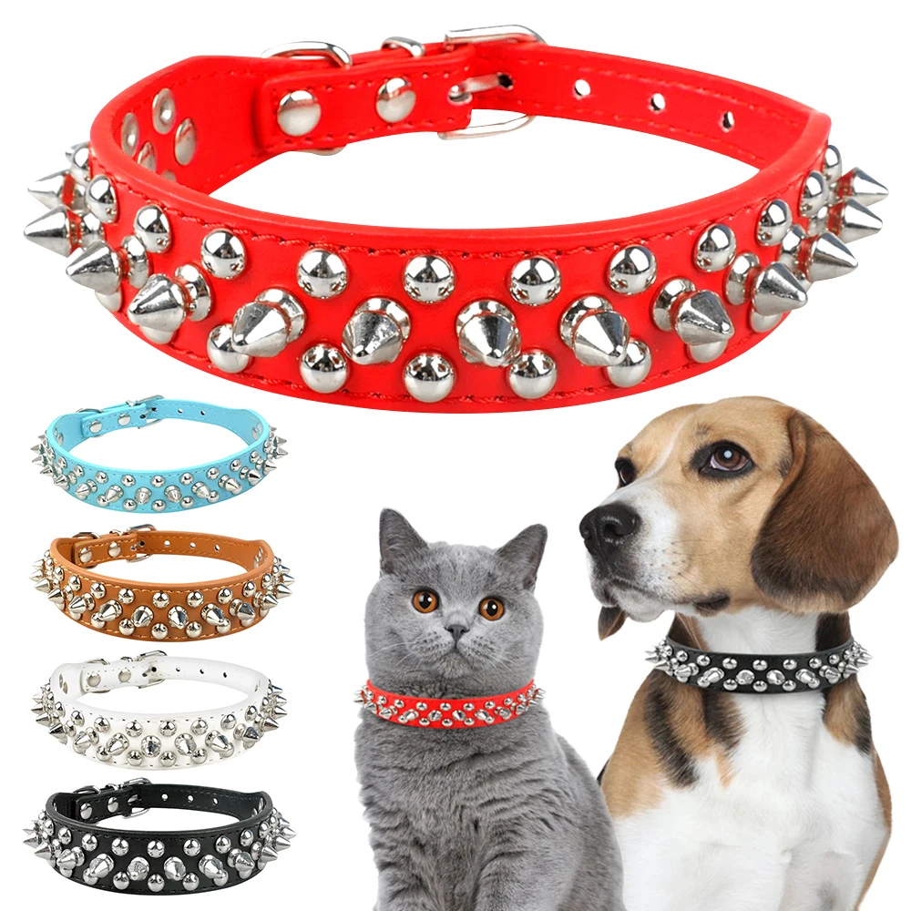 

Dogs Collars Cool Spiked Rivet Studded PU Leather Dog Necklace Anti-Bite Pet Collars For Small Medium Dogs and Cats Accessories