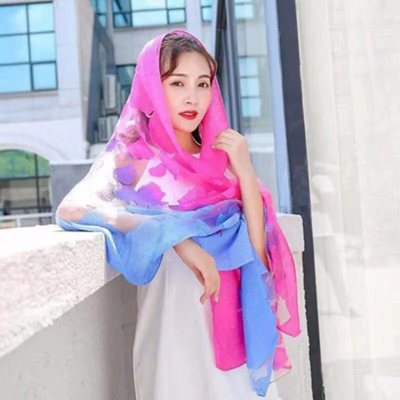 

Summer Gradient Color Scarf Female Organza Lace Sunscreen Neck Beach Towel Hollow Shawl Embroidered Decorative Silk Scarf F90