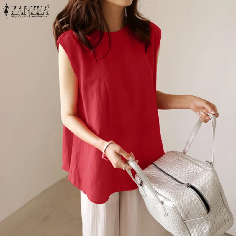 

2022 Summer Tanks Tops Elegant Women Sleeveless Solid Blouse ZANZEA Casual Office Lady Cotton Linen Vests Shirt Loose Blusas 7