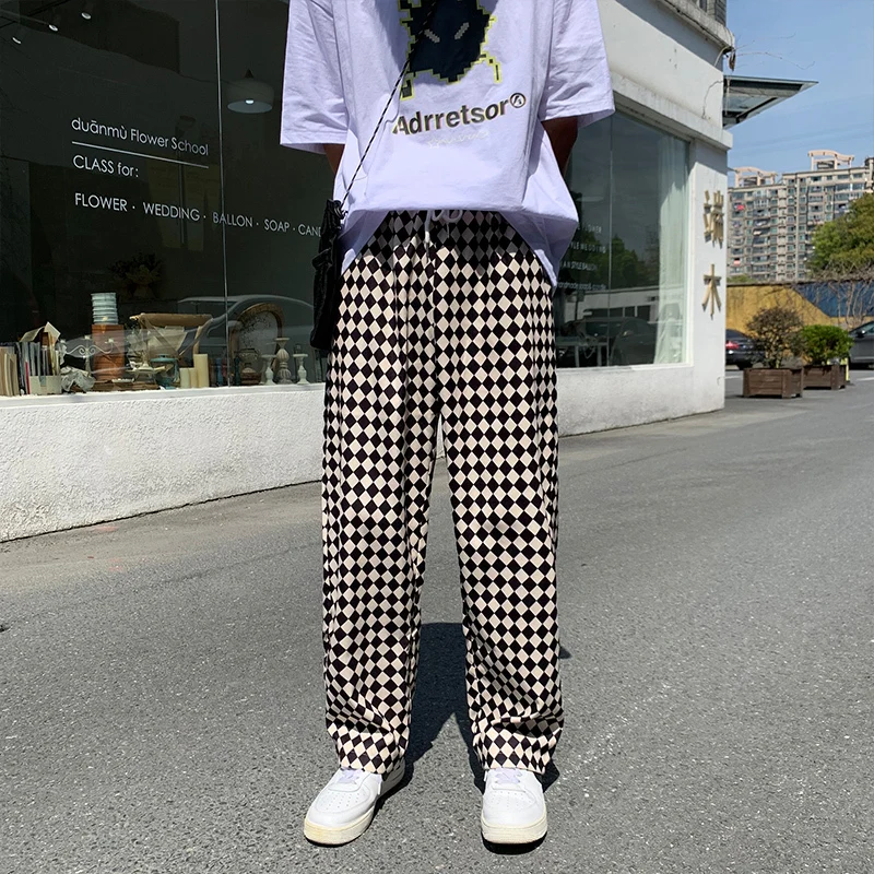 

Spring Summer Plaid Pants Men's Fashion Retro Casual Wide-leg Pants Men Streetwear Loose Hip-hop Straight Pants Mens Trousers