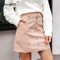 simplee vintage autumn leather women pencil skirt high waist zipper bodycon mini skirt fashion pocket winter ladies streetwear