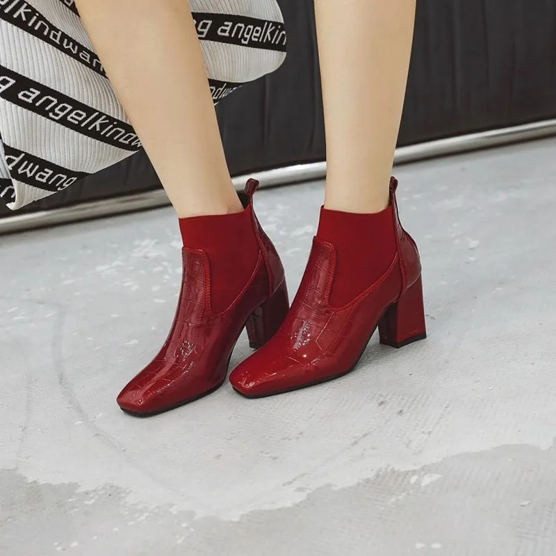 winter The New fashion Square head Thick heel British style boots Plus cashmere Keep warm High heel Women boots 34-18