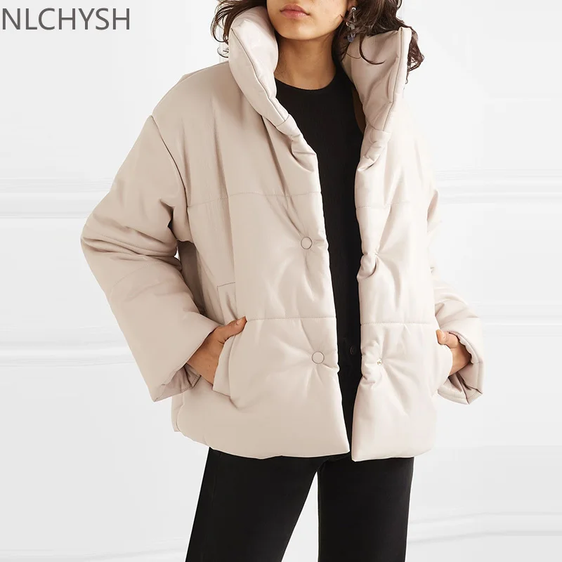 

Женские парки из искусственной кожи, модные однотонные кожаные пальто в стиле High Street, Элегантные зимние толстые хлопковые куртки, свободная...