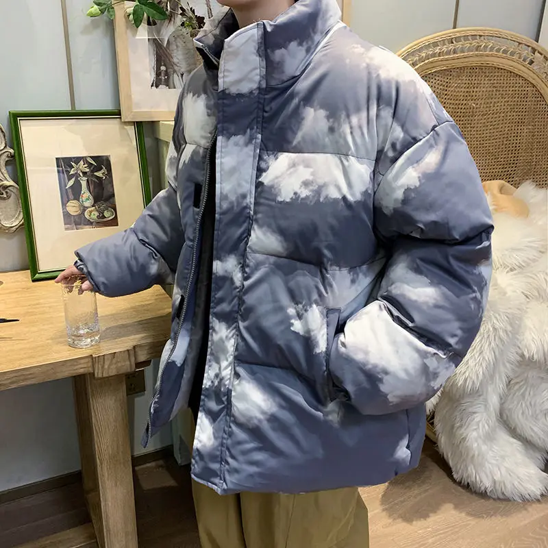 Winter Jacket Men's Parka Warm Fashion Printing Casual Stand Collar Coat Men Wild Loose Korean Short Coat Mens Clothes M-2XL