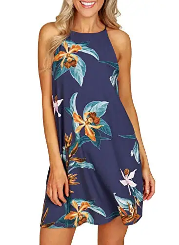 

Women's Halter Neck Boho Floral Print Loose Casual Sleeveless Short Dress