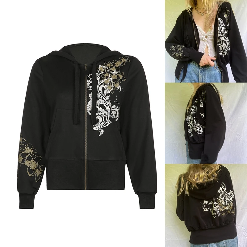 

Hoodies Stylish Tops Print Women Long Sleeve Casual Sweatshirts Pockets Zipper Up Streetwear Fashion Coat
