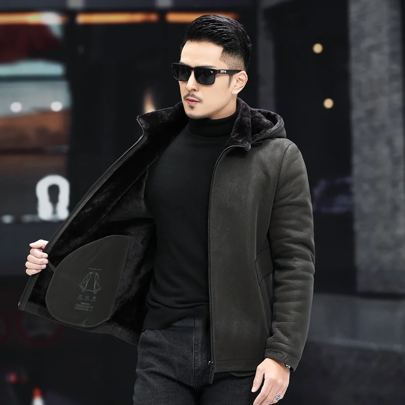 

High-end Men's Real Fur 100% Genuine Sheepskin Leather Jackets Male Hooded Real Sheep Shearing Liner Coats Abrigo Hombre Gmm492