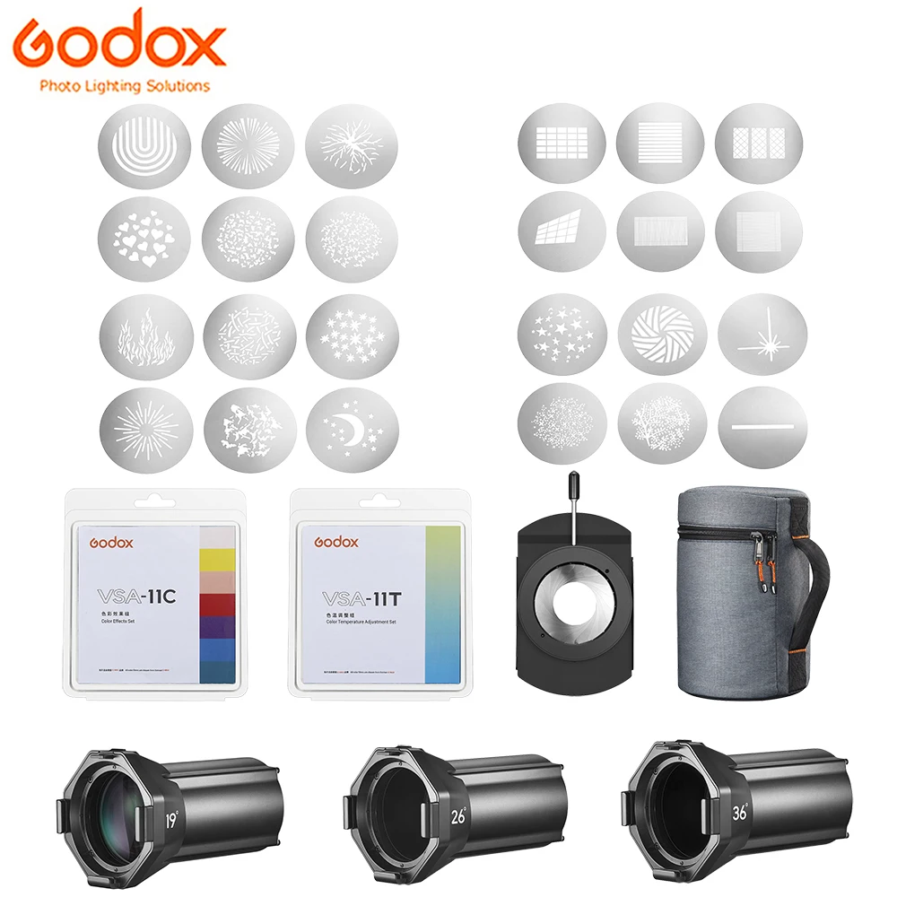 

Godox VSA-11C VSA-11T VSA-GS1/2/3/4 Gobo Set 19/26/36 Degree Condenser Lens for VSK-19K VSA-26K VSA-36K Spotlight Attachment