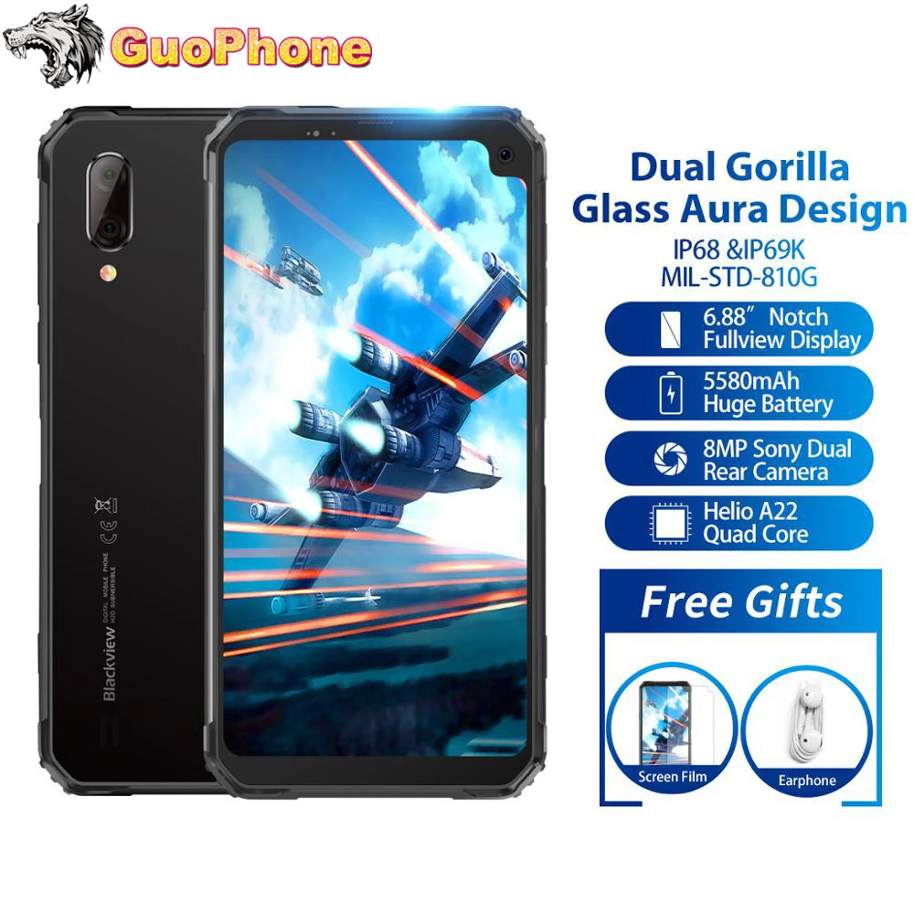 Blackview BV6100 смартфон 6,8" 3 ГБ ОЗУ 16 Гб ПЗУ Android 9,0 MT6761 Восьмиядерный 5580 мАч NFC 5MP+ 8MP IP68 водонепроницаемый мобильный телефон