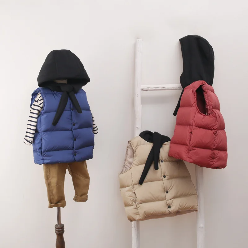 

Разноцветный детский пуховой хлопковый жилет с капюшоном, теплая хлопковая куртка без рукавов