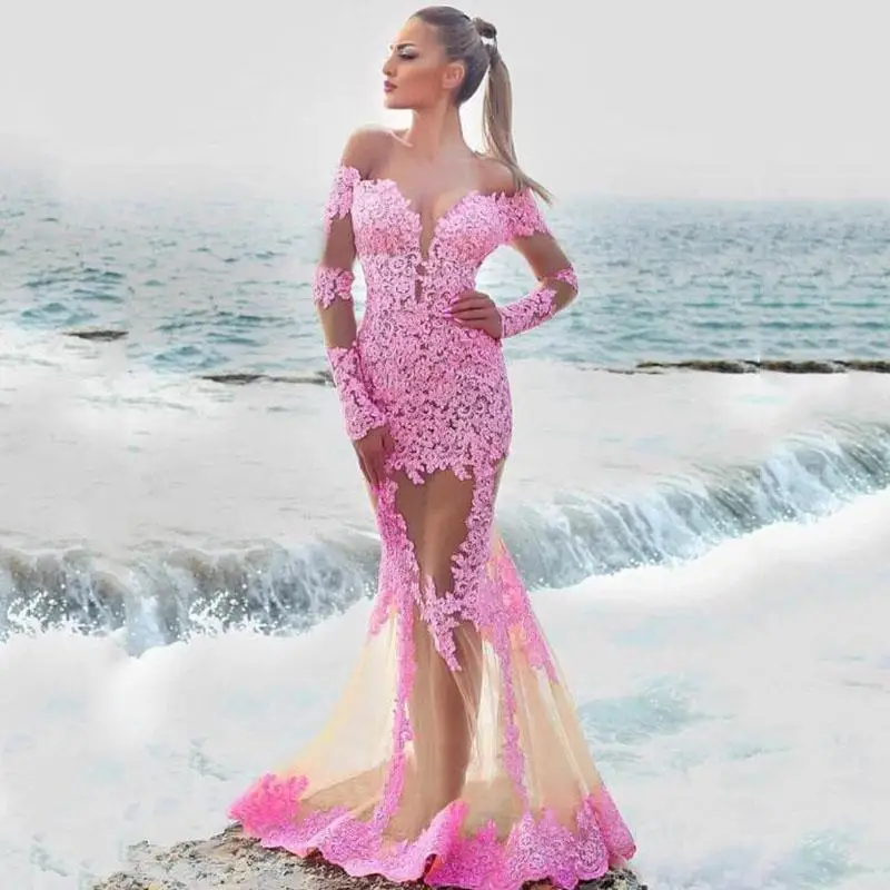 

Sexy Off Shoulder Pink Lace Mermaid Prom Dresses V Neck illusion Full Sleeves Beach mariage Engagement Dress Long Formal Evening