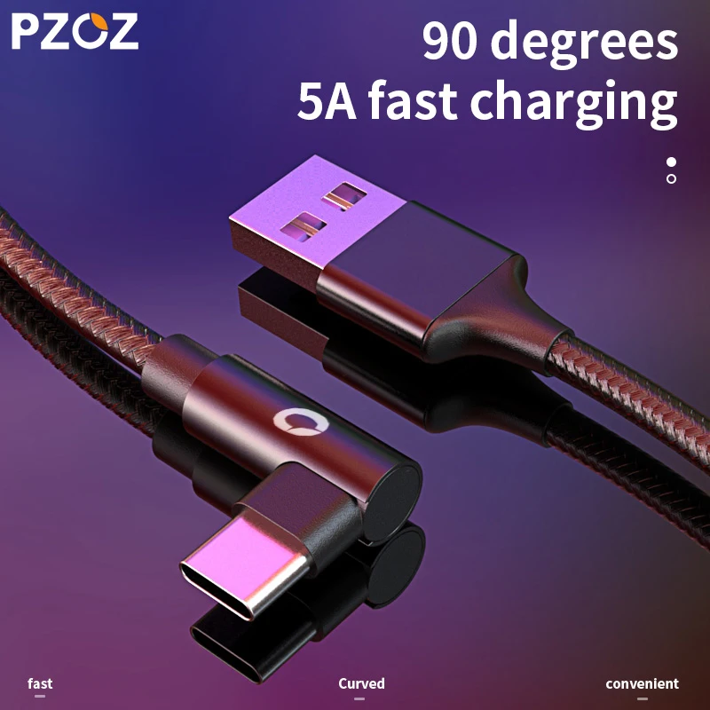 Usb кабель PZOZ 90 градусов Type C 5 А для быстрой зарядки 3 1 xiaomi redmi note 7 Huawei P20 pro P10 провод